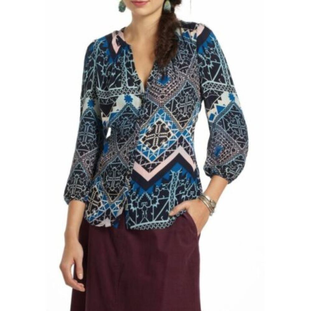 Anthropologie Leifsdottir Jerez Silk Blouse Artsy Geometric Maximalist 6 Luxury